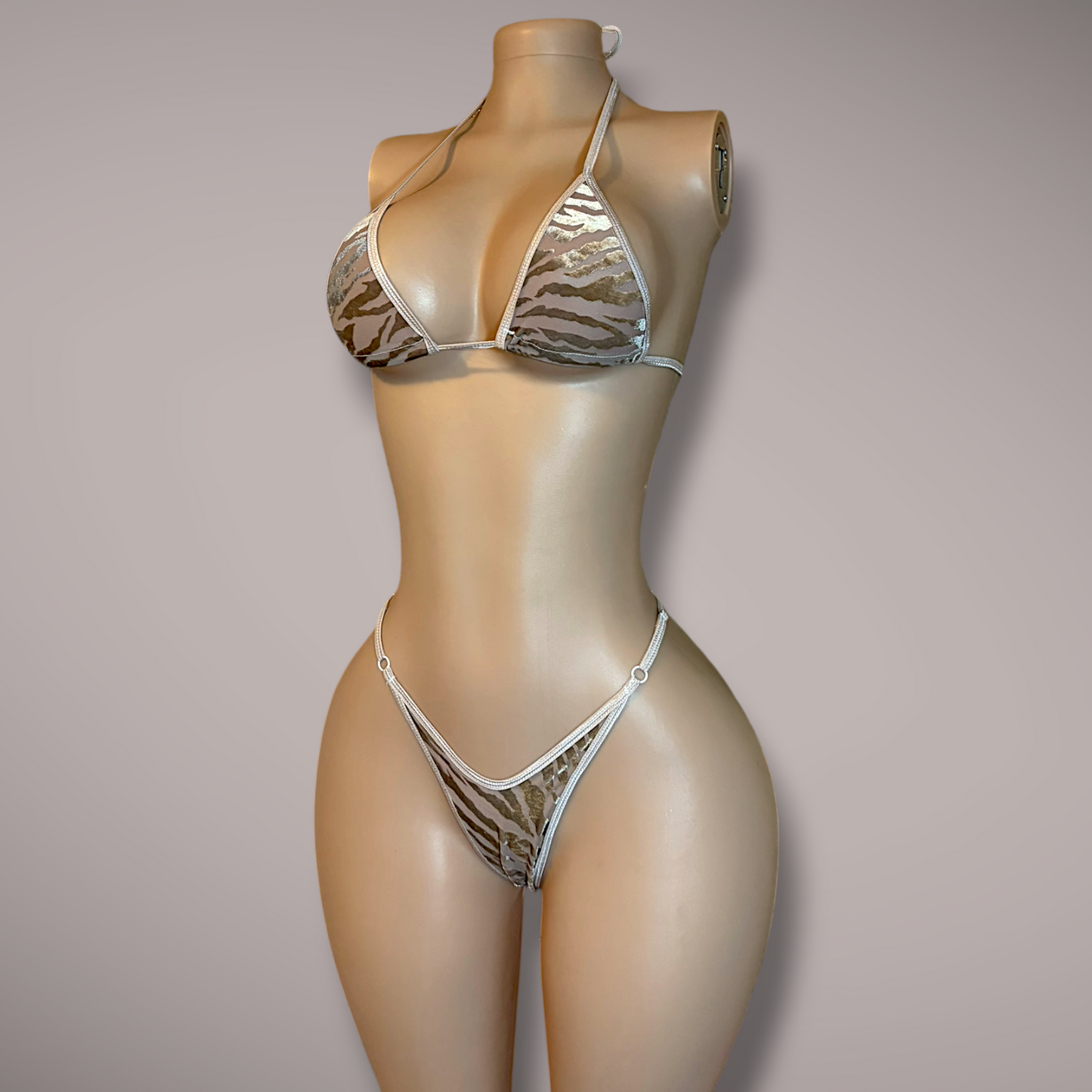 Beige Velvet Tiger Print 2 Piece Thong Set