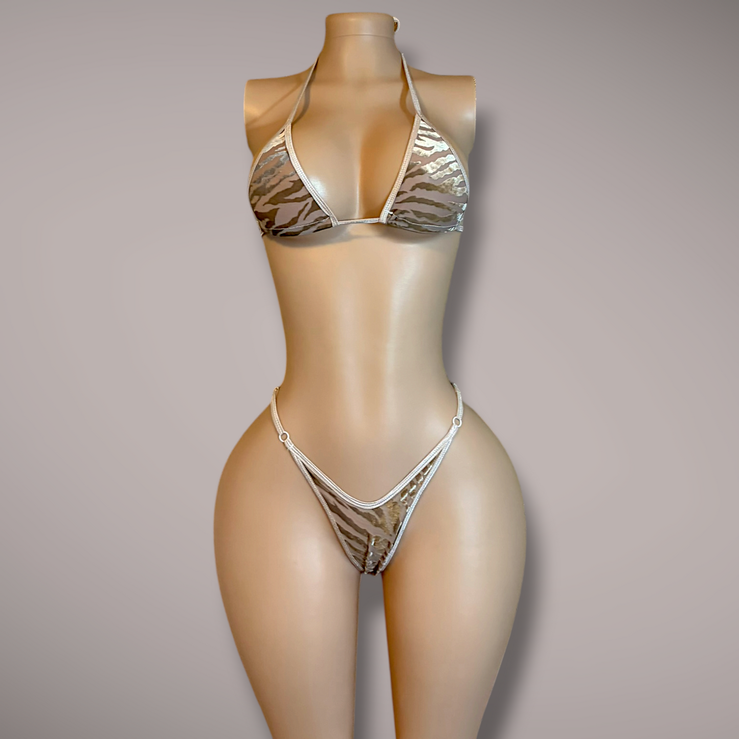 Beige Velvet Tiger Print 2 Piece Thong Set