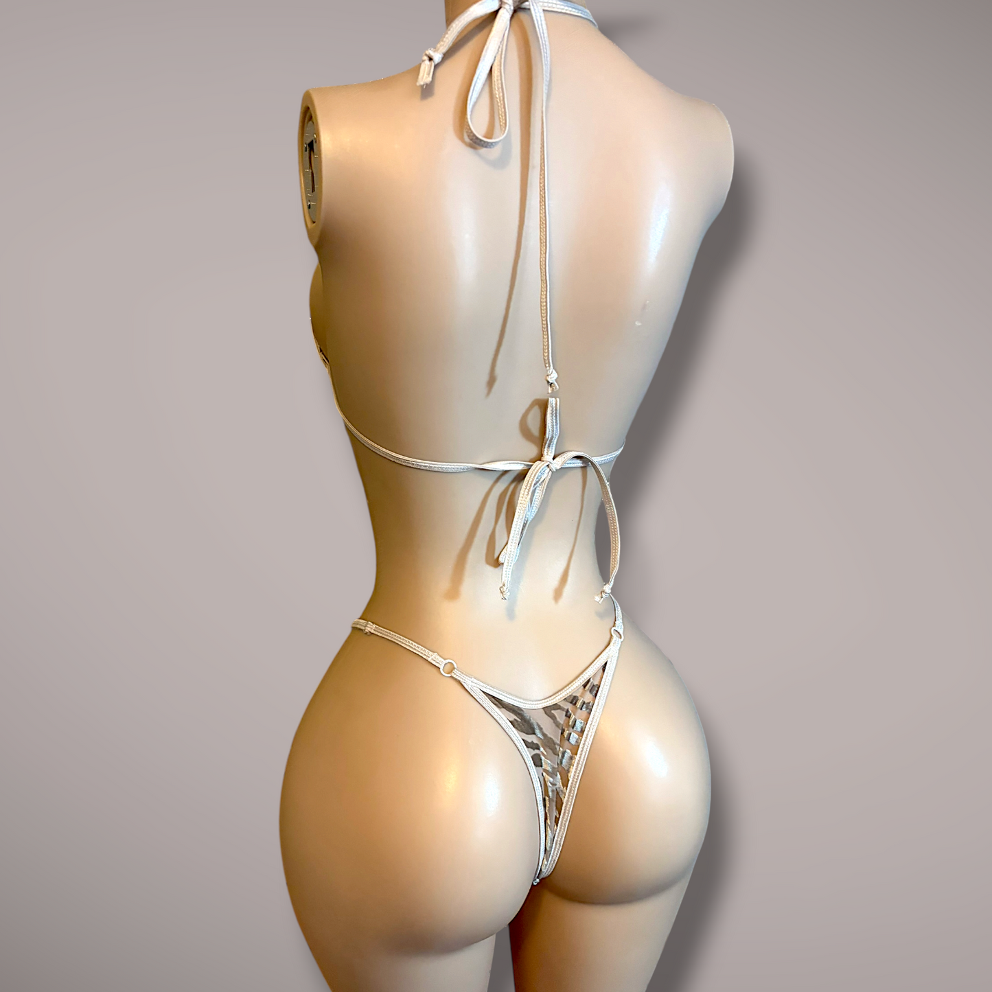 Beige Velvet Tiger Print 2 Piece Thong Set