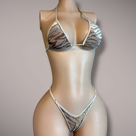 Beige Velvet Tiger Print 2 Piece Thong Set