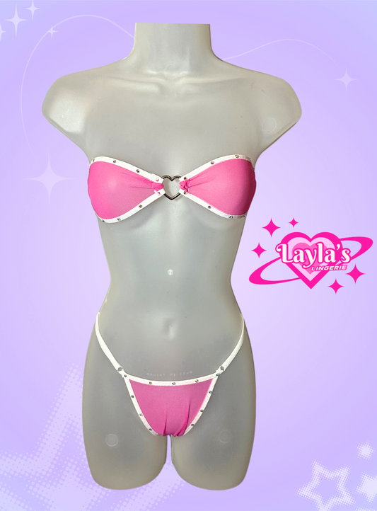 The Gianna Bikini, Mesh Pink and White with Heart Ring