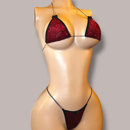 The Vixen Microkini, Wine Red Velvet Paisley with Bows