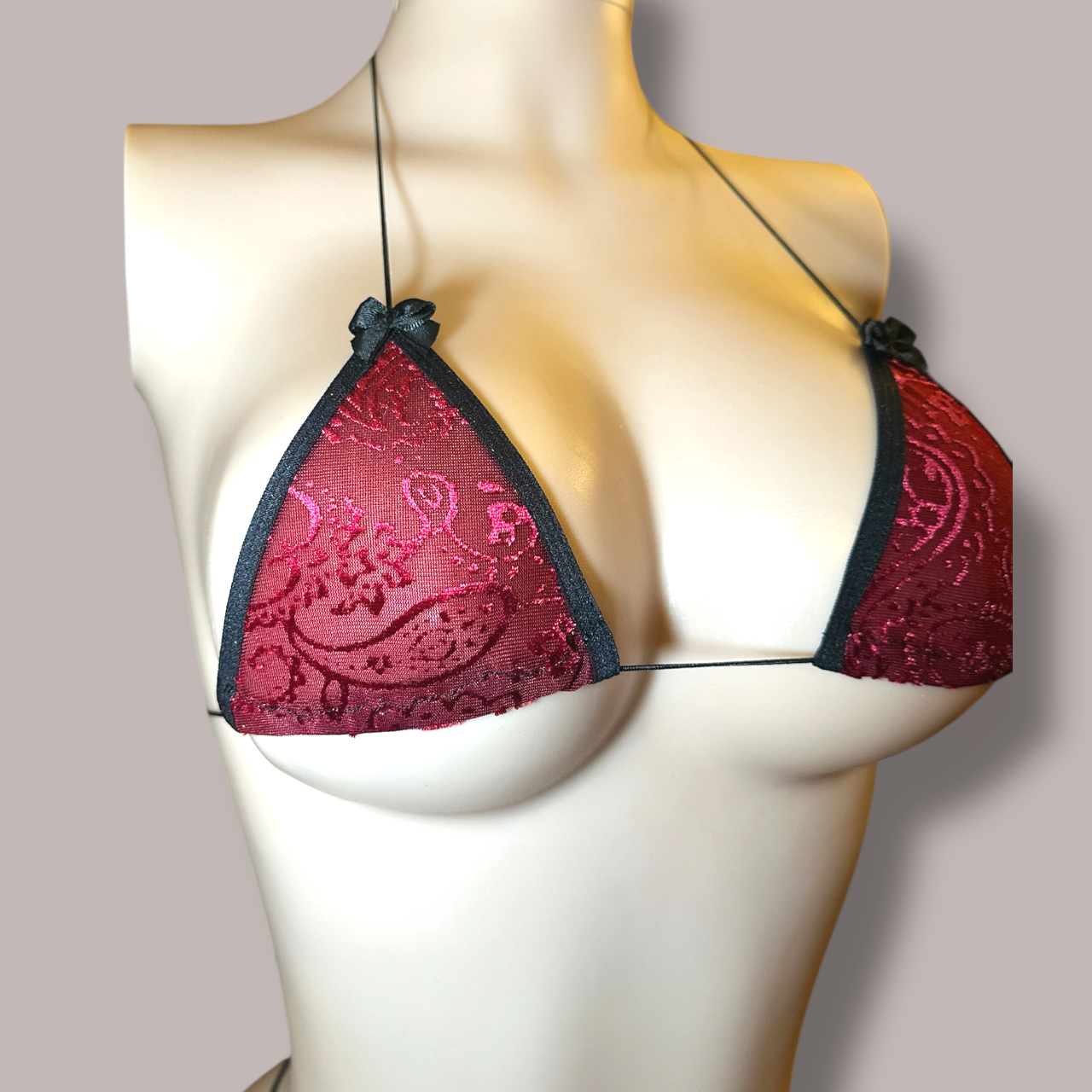 The Vixen Microkini, Wine Red Velvet Paisley with Bows