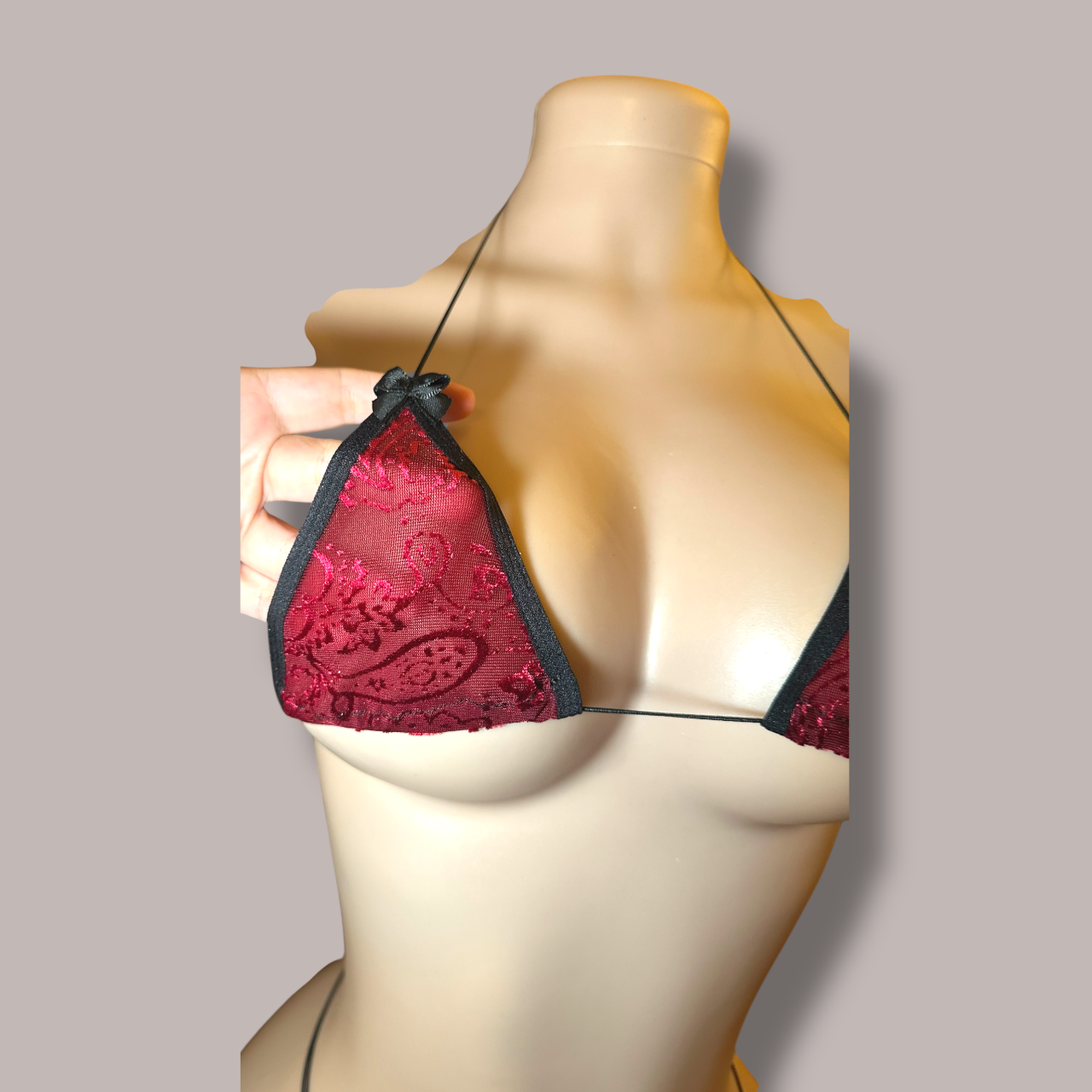 The Vixen Microkini, Wine Red Velvet Paisley with Bows