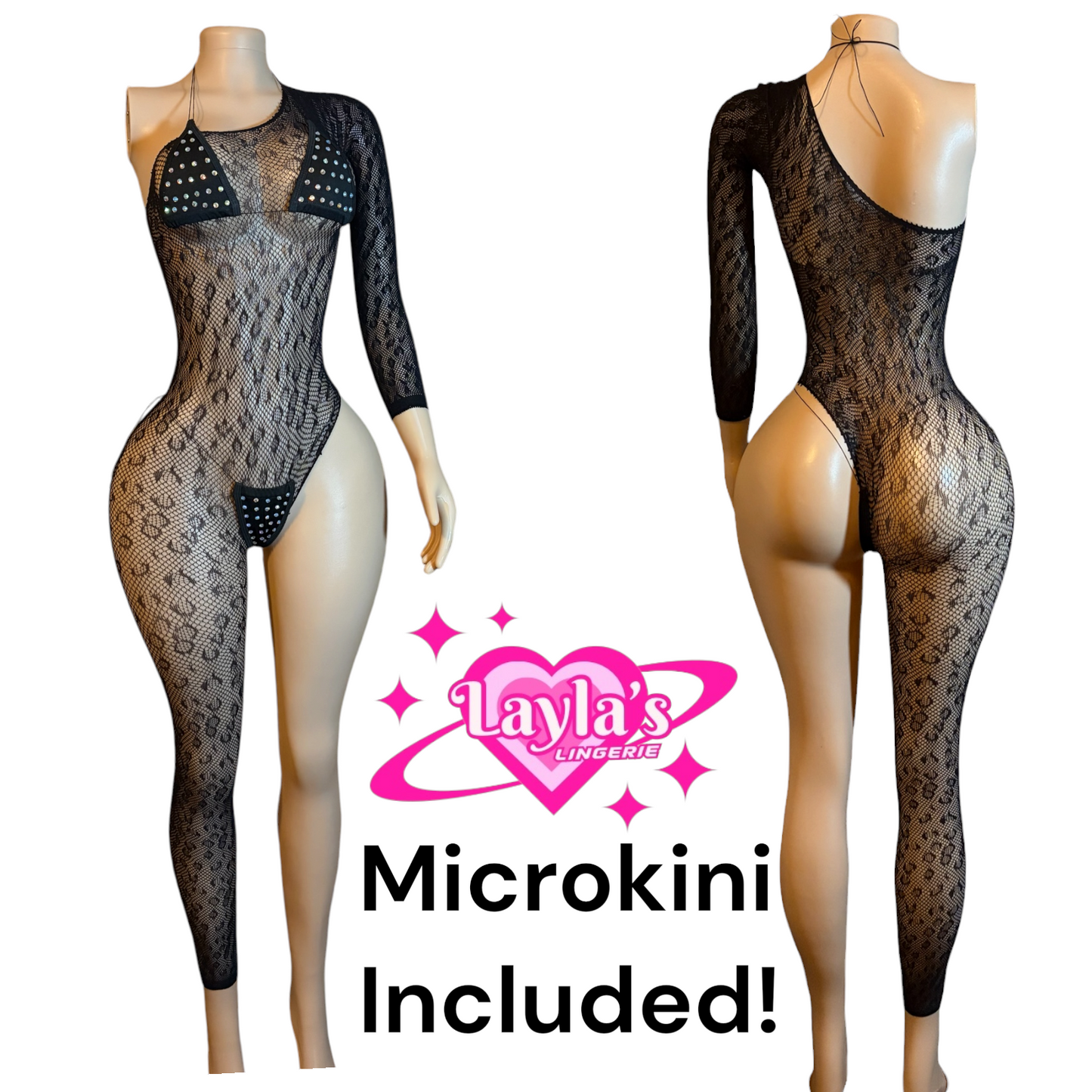 The Kylie 3 pc Fishnet Romper + Microkini