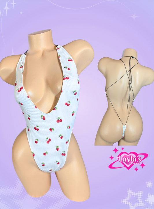 The Charlie Bodysuit, Ribbed Cherry Print