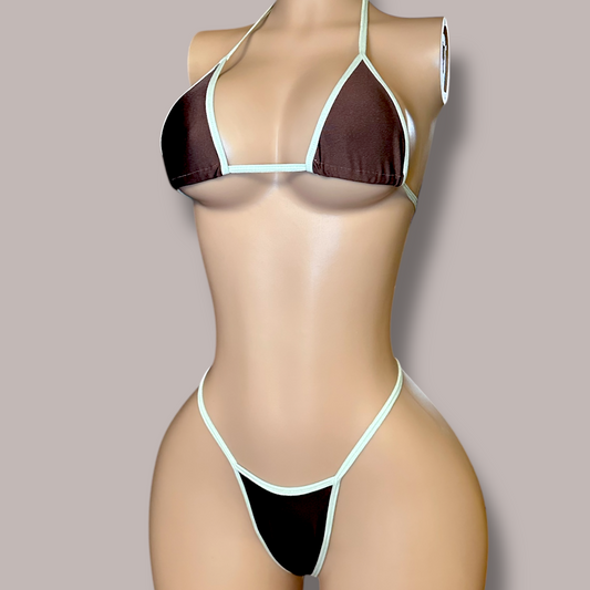 Brown + Mint Colorblock Thong Bikini