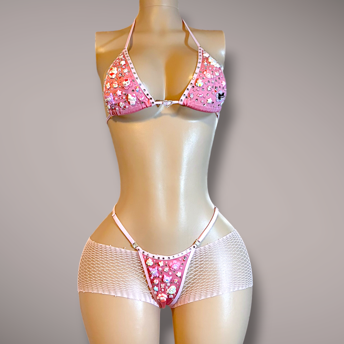 Pink Junk Bikini & Fishnet Shorts