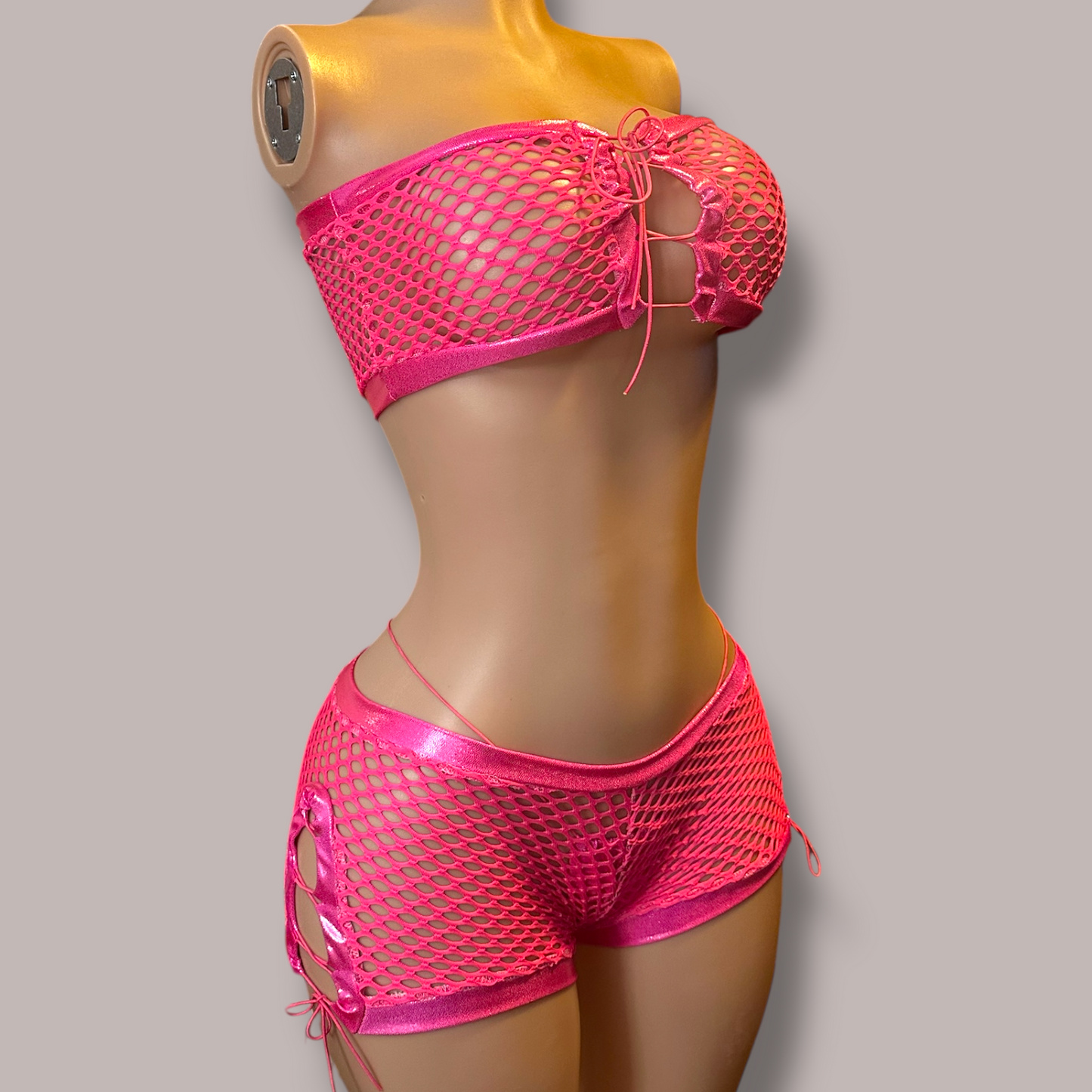 Pink Lace Up Fishnet 3 Piece Set