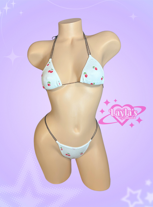 The Vixen Microkini, Ribbed Knit White Cherry Print