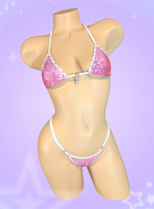 Pink and White Holographic Thong Bikini