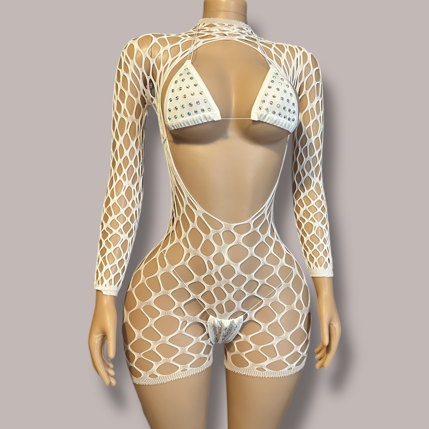 3 pc Fishnet Romper + Bikini