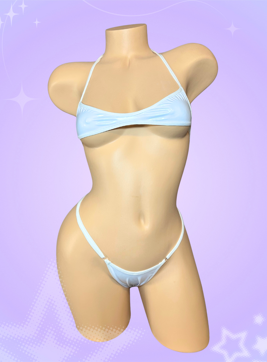 The jade bikini, faux white latex