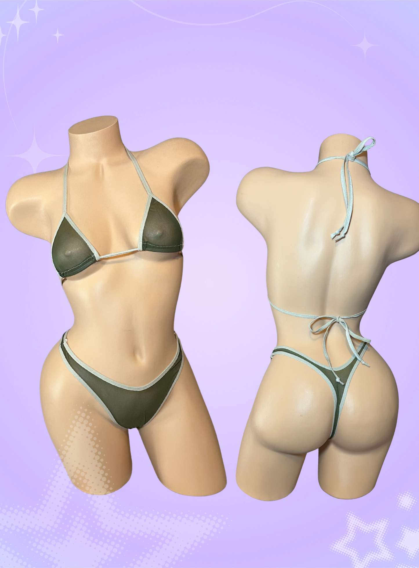 Green and gray mesh two piece thong bikini