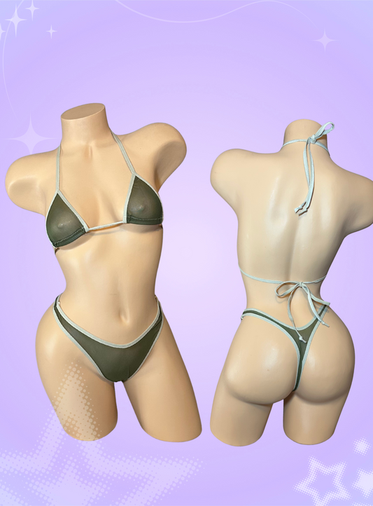 Green and gray mesh two piece thong bikini
