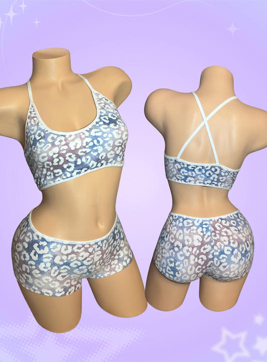 Tye dye blue and white cheetah pole dance outfit