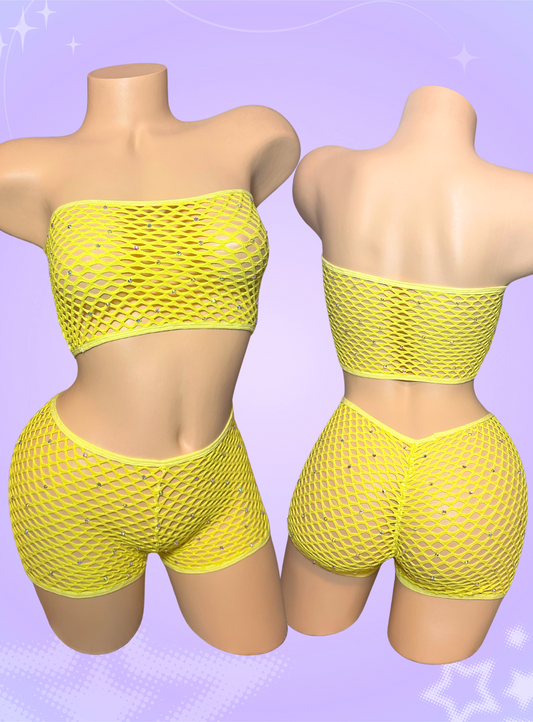 Yellow Fishnet Shorts and Tube Top