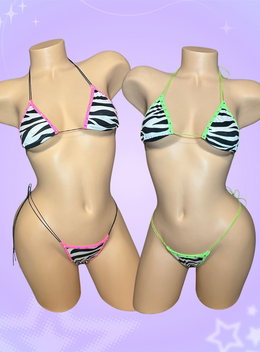 The Vixen Microkini, zebra print with pink or green