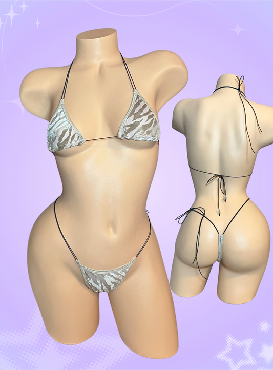The Vixen Microkini, Beige Velvet Tiger Stripes