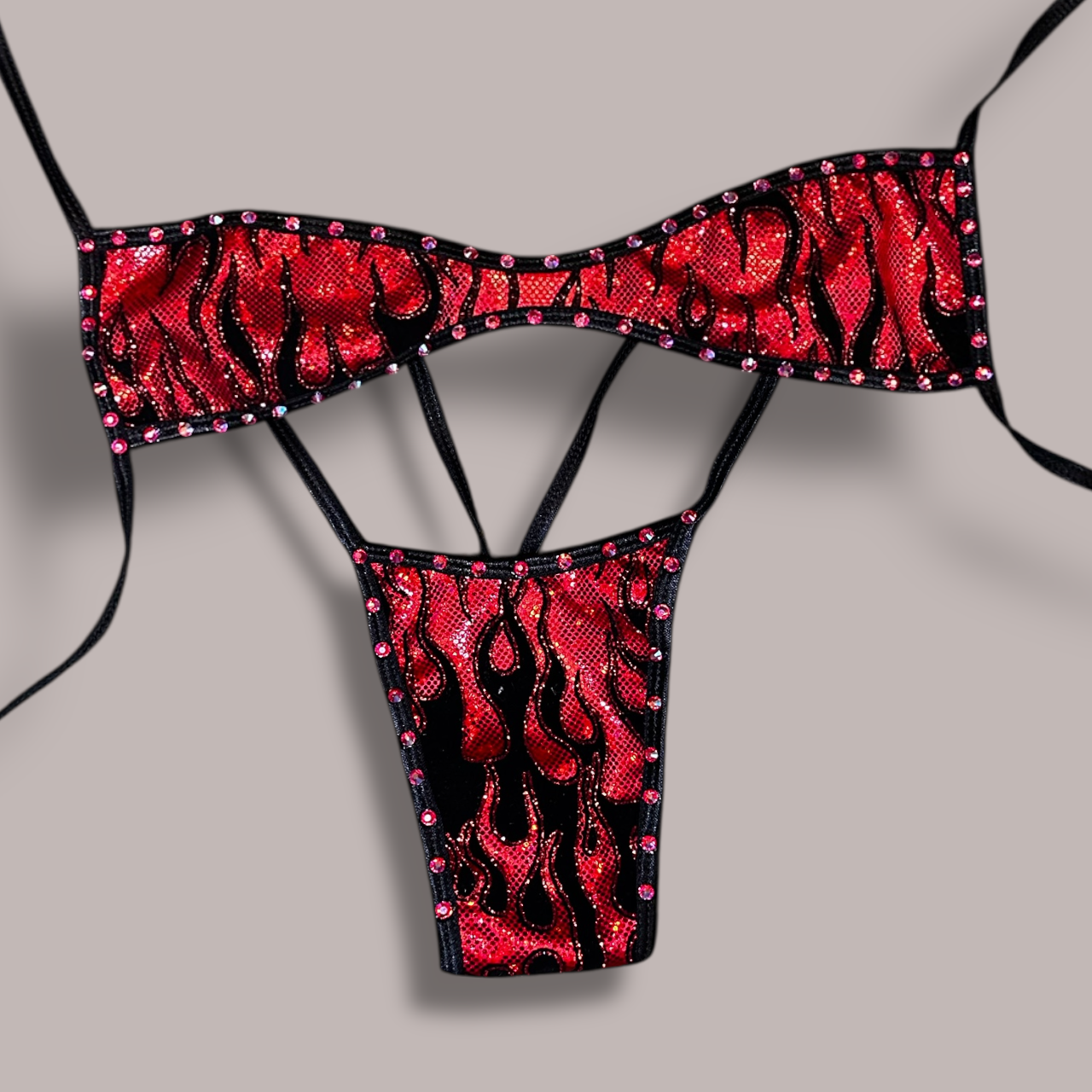 Black + Red Holographic Flames Thong Bikini