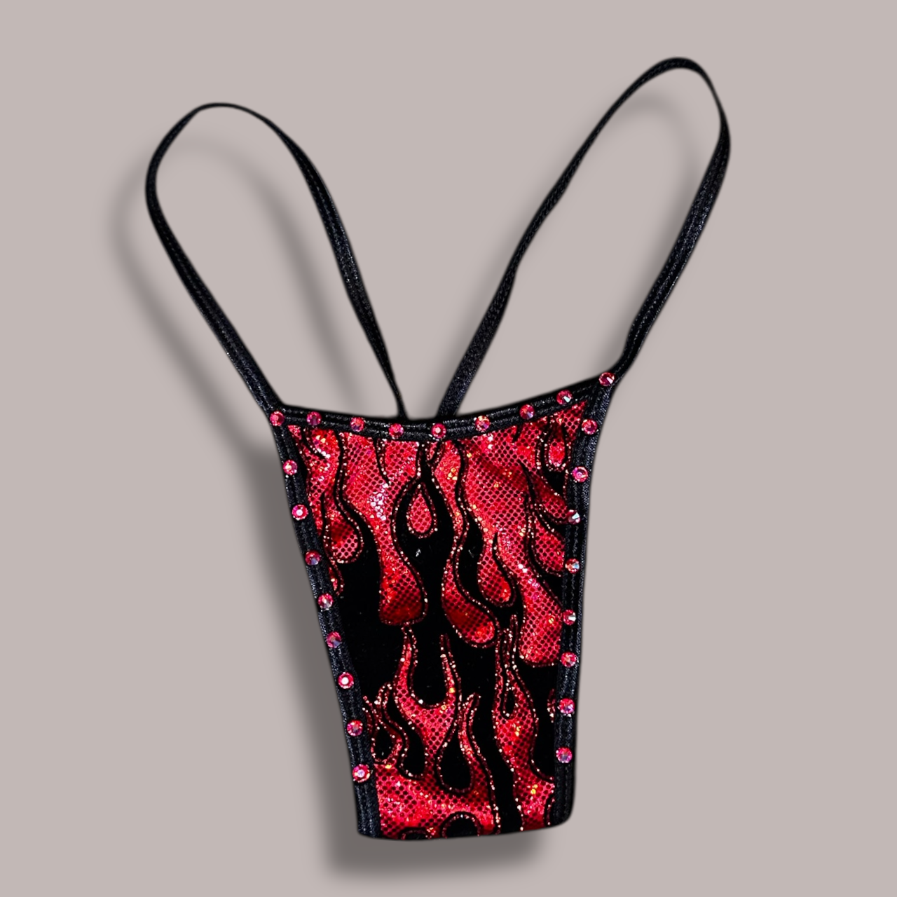 Black + Red Holographic Flames Thong Bikini