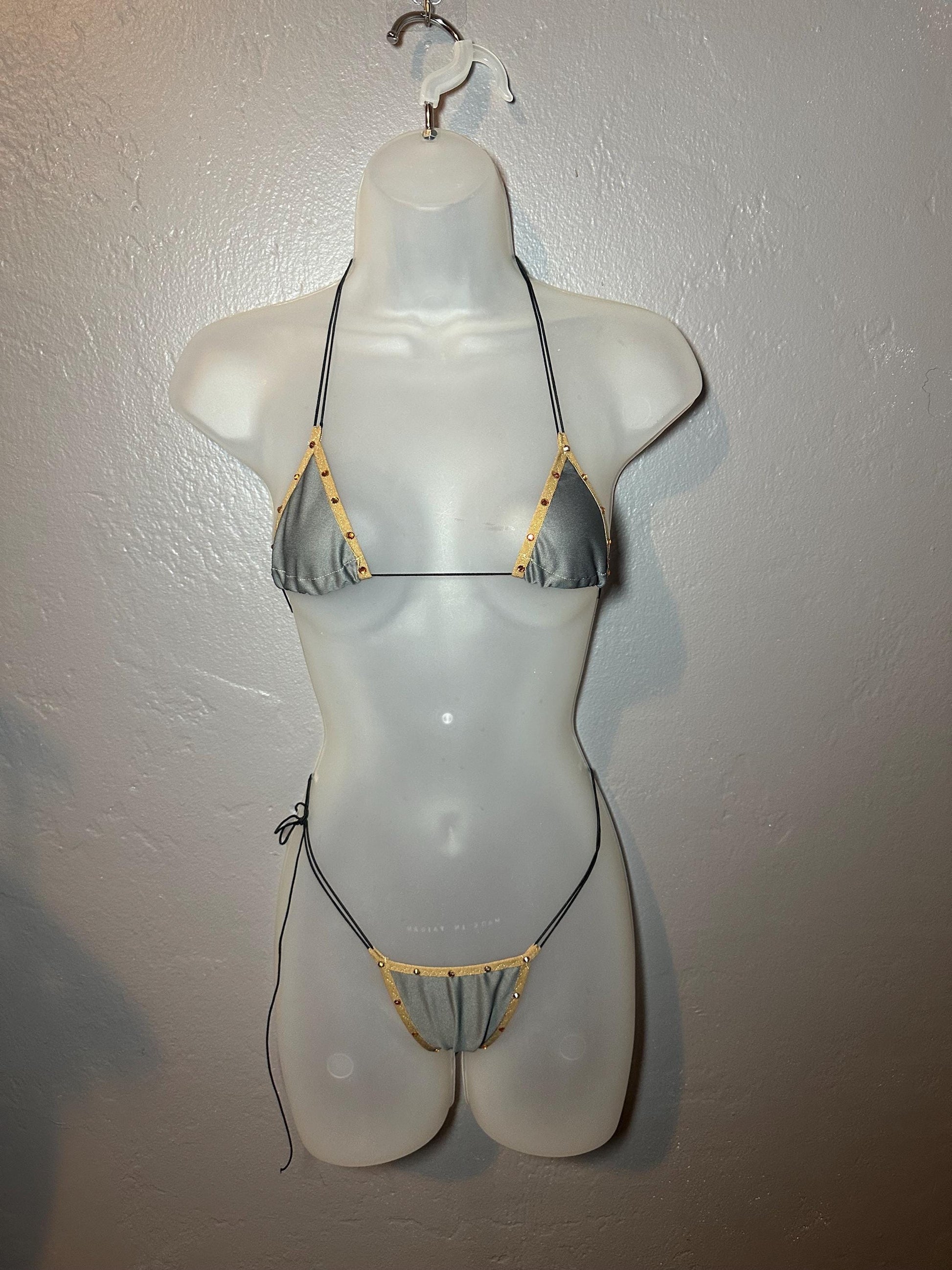 Grey + Khaki Stripper Microkini; Exotic Dancewear Gray Low Cut Thong Bikini Lingerie,