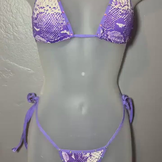 Purple Snakeskin Stripper Thong Bikini; Rhinestone Exotic Dancewear Animal Print