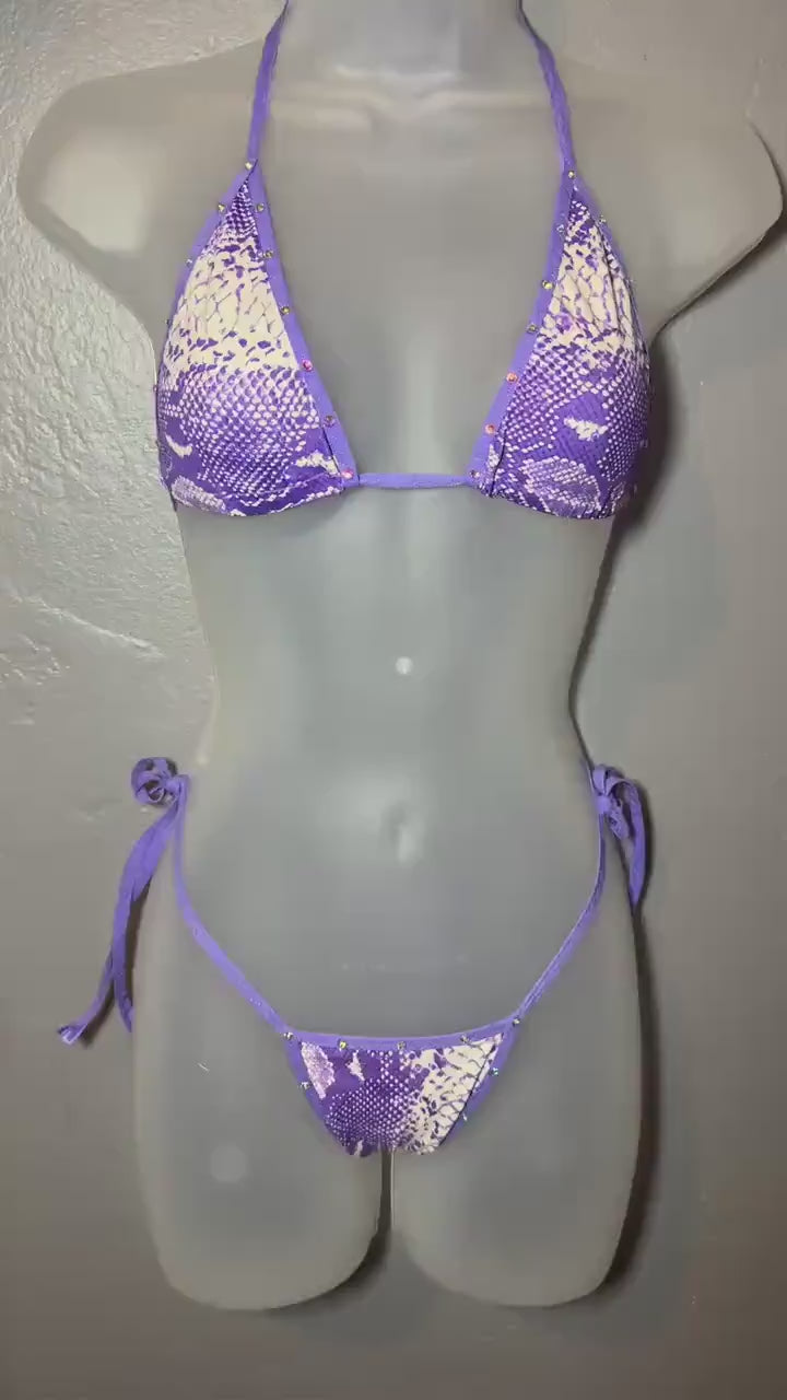 Purple Snakeskin Stripper Thong Bikini; Rhinestone Exotic Dancewear Animal Print