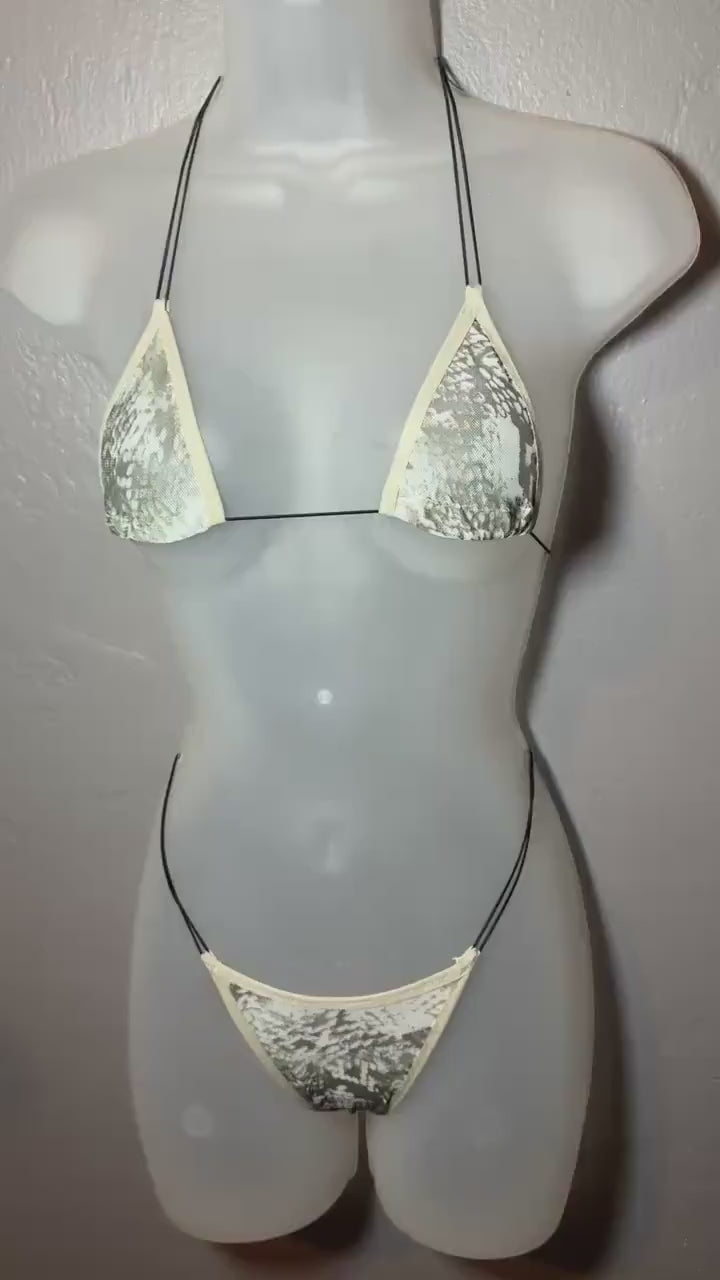 Mesh Snakeskin Print See Through Stripper Microkini; Exotic Dancewear Transparent Low Cut Thong Bikini Lingerie,
